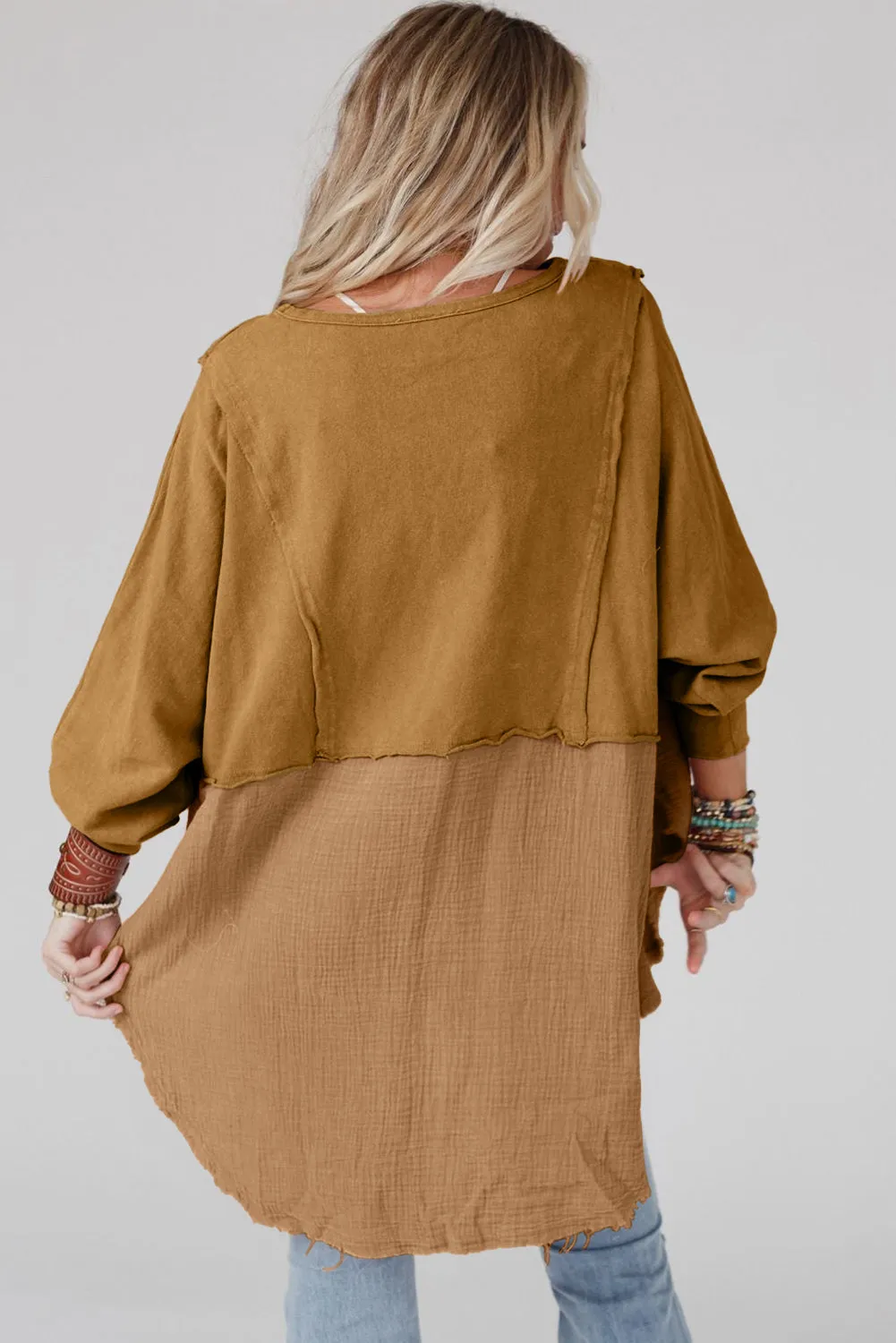 Crinkle Splicing Raw Hem High Low Oversized Tunic