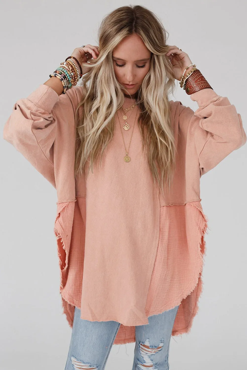 Crinkle Splicing Raw Hem High Low Oversized Tunic