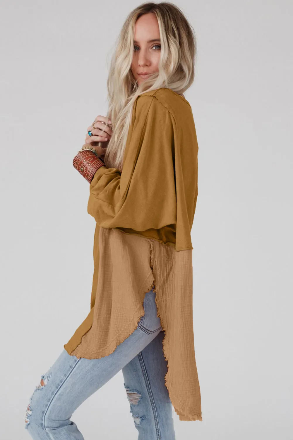 Crinkle Splicing Raw Hem High Low Oversized Tunic