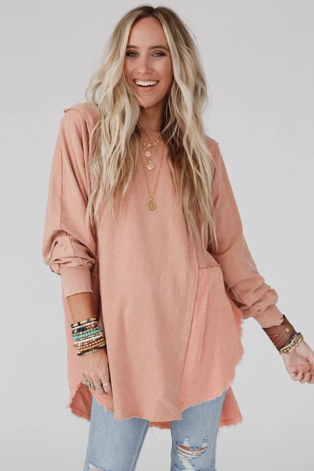 Crinkle Splicing Raw Hem High Low Oversized Tunic