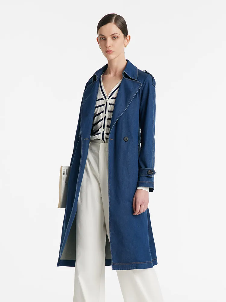 Denim Lapel Women Trench Coat With Belt