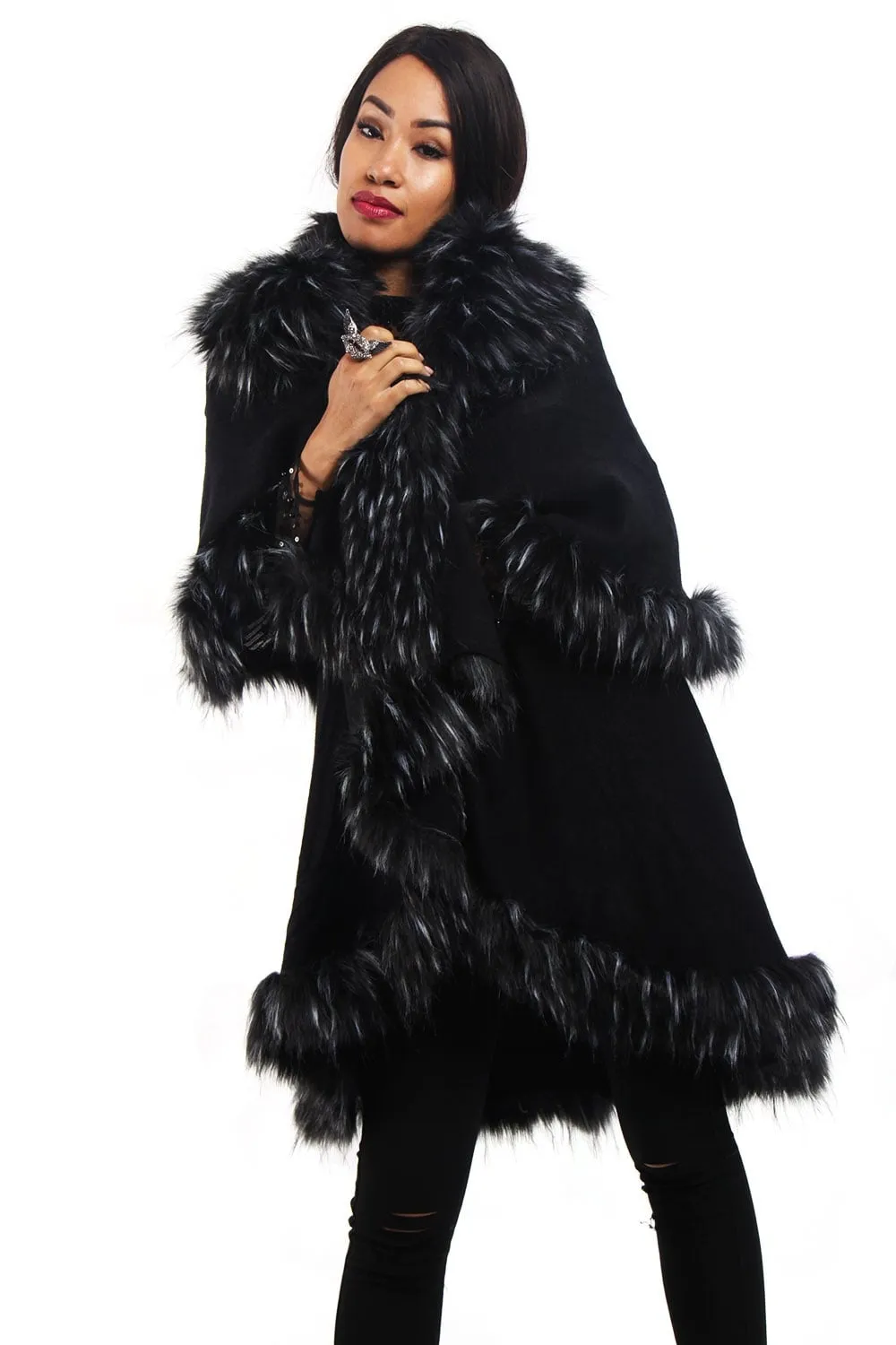 Double Layered Faux Fur Trim Poncho