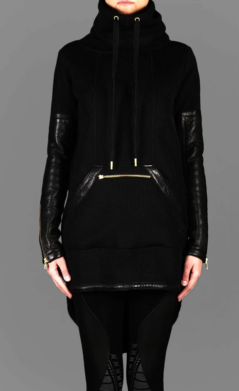 Exclusive Double Knit Zip Tunic With Faux Leather Trim Detail Back Long Hoodie Sweaters