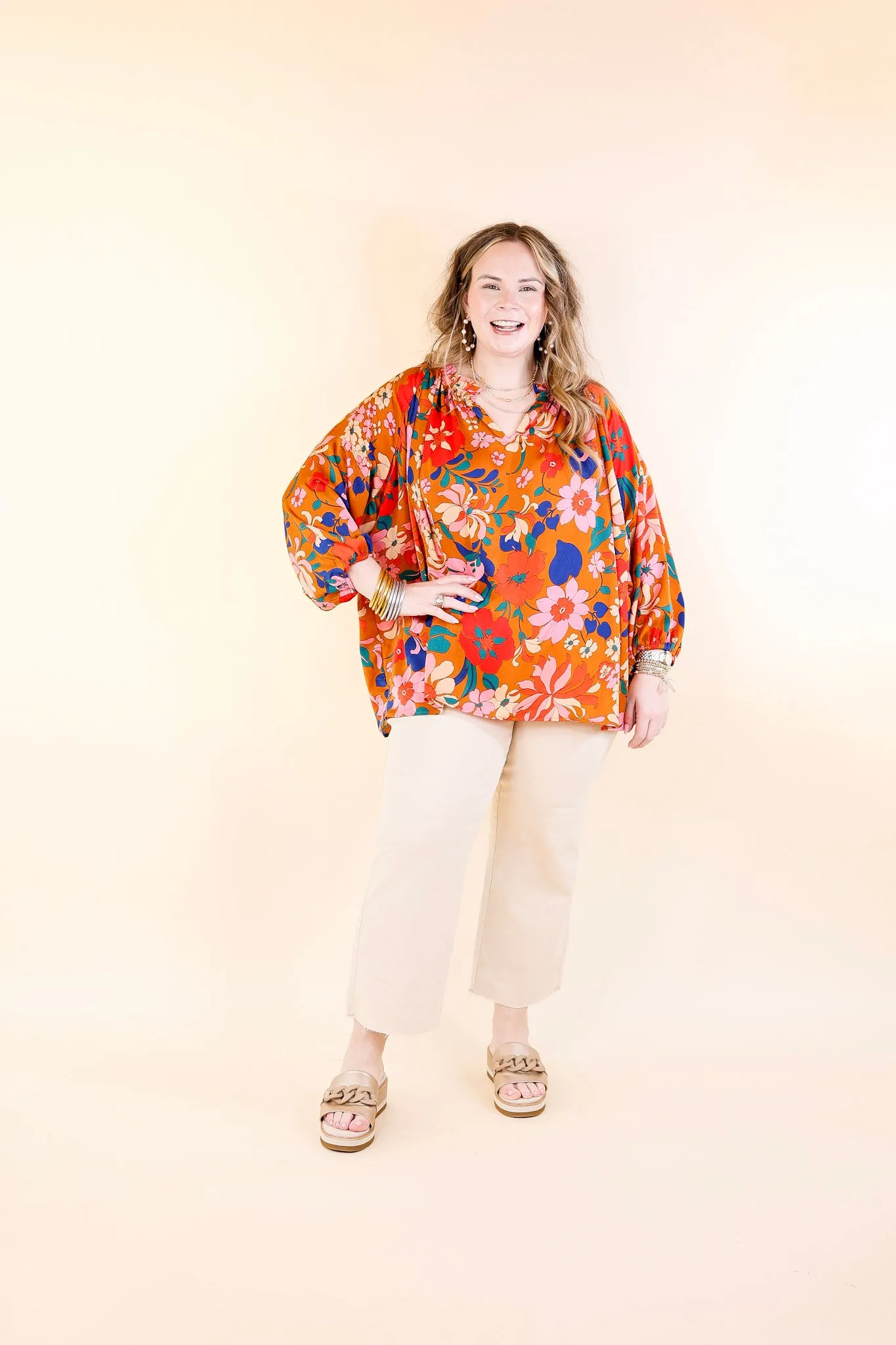 Falling For Floral 3/4 Sleeve Top with Notched Neck in Camel Brown