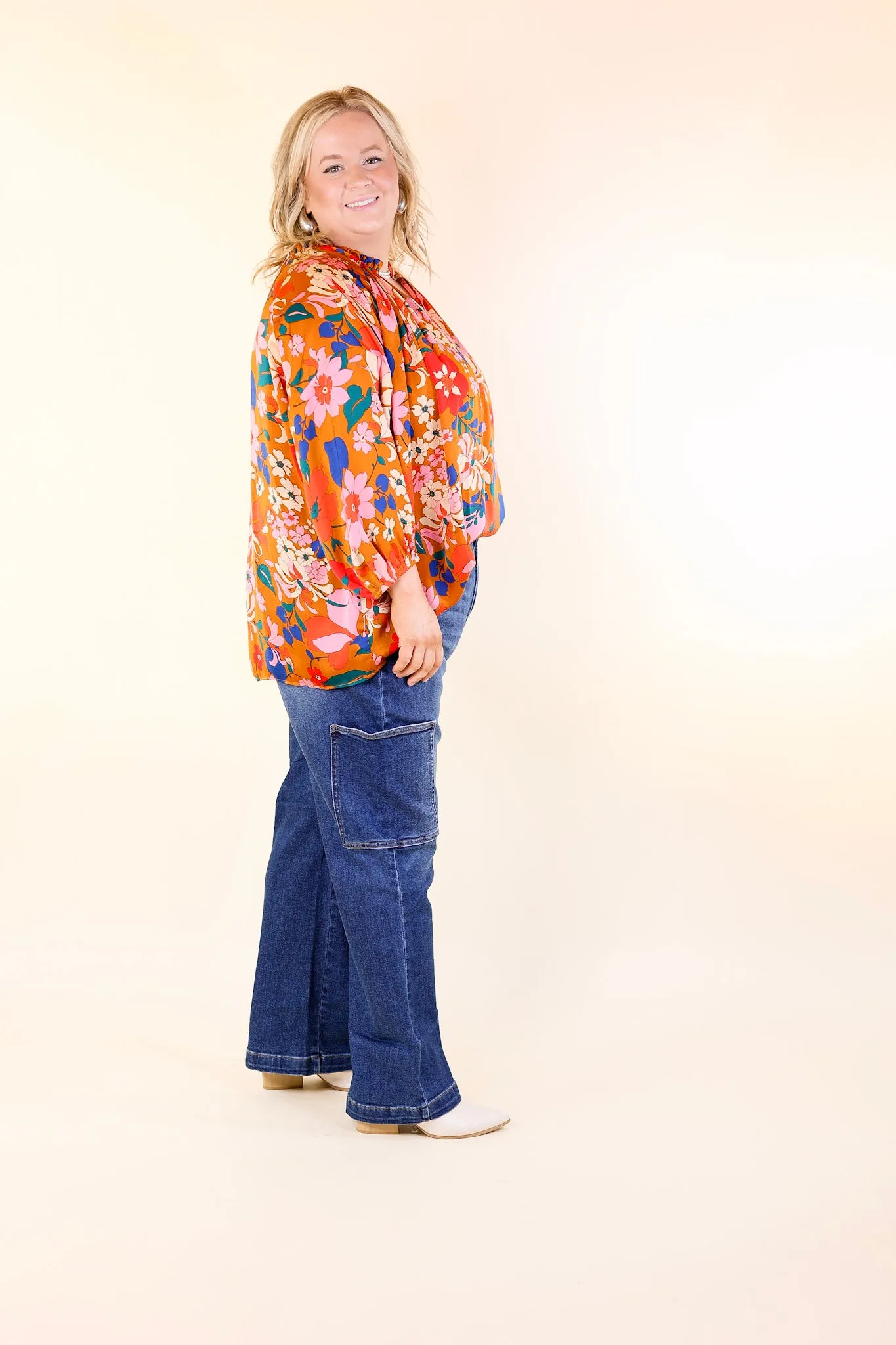 Falling For Floral 3/4 Sleeve Top with Notched Neck in Camel Brown