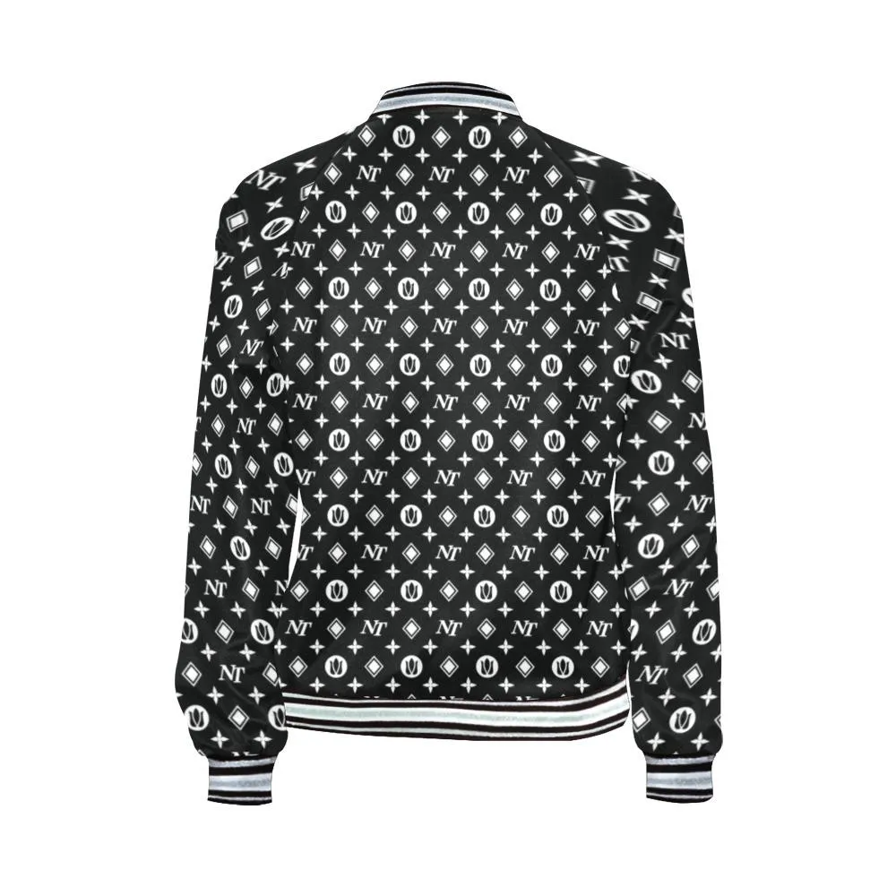 Fancy NT Pattern White Black Bomber Jacket for Women