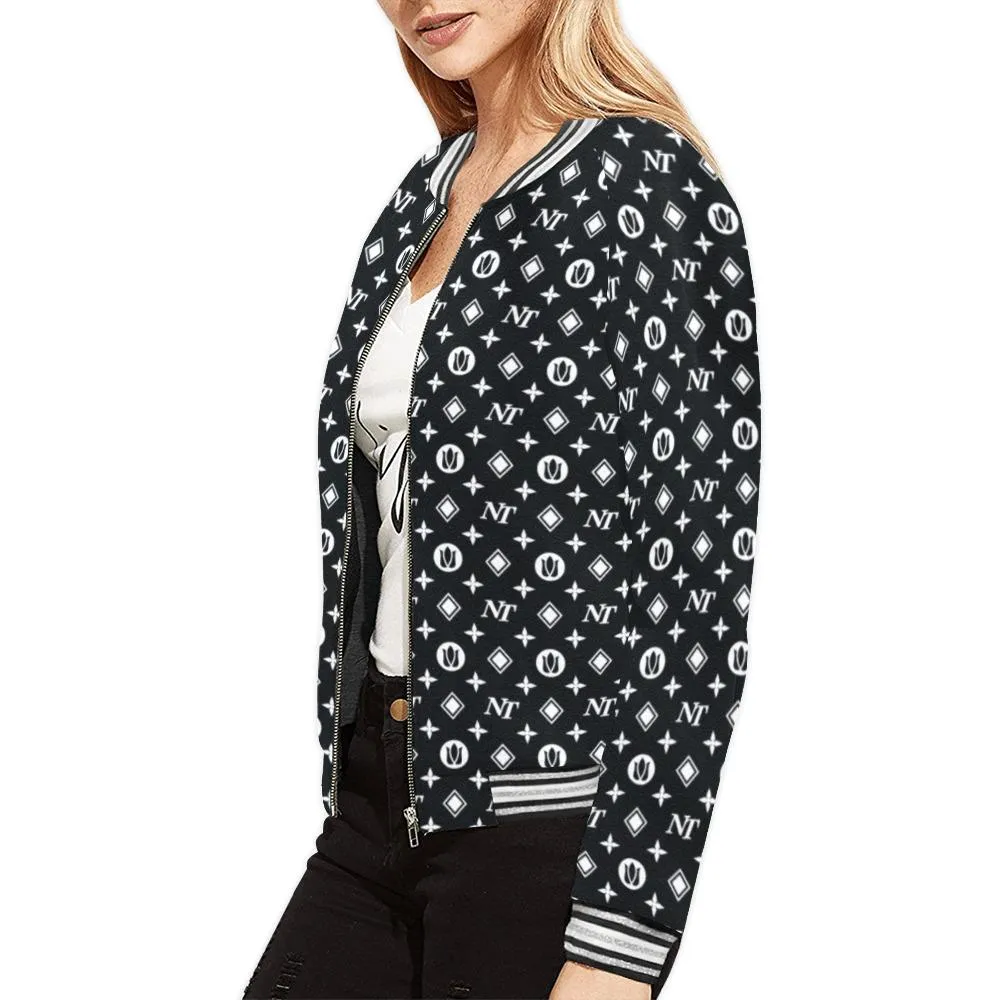 Fancy NT Pattern White Black Bomber Jacket for Women