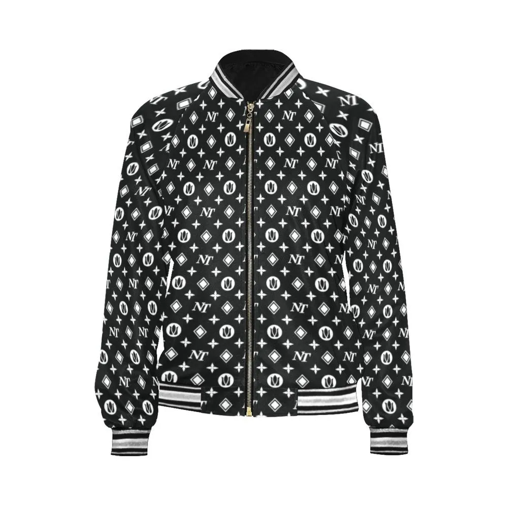 Fancy NT Pattern White Black Bomber Jacket for Women