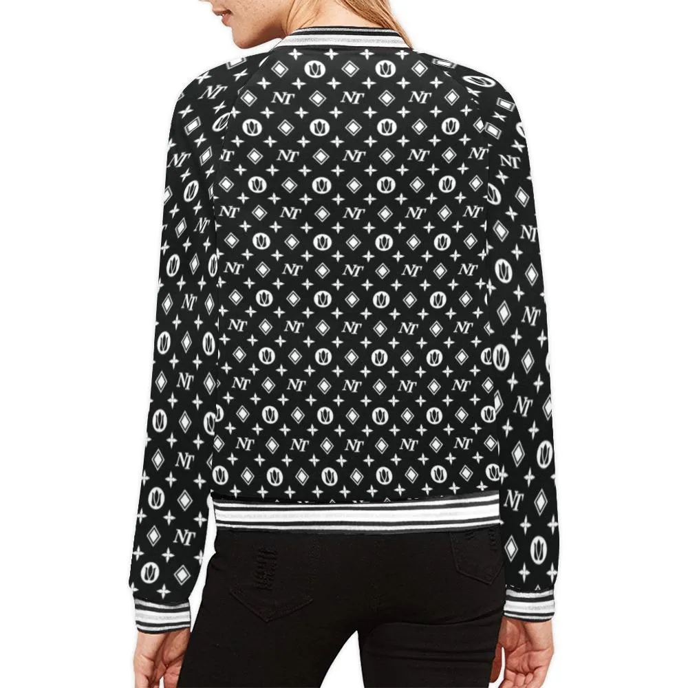 Fancy NT Pattern White Black Bomber Jacket for Women