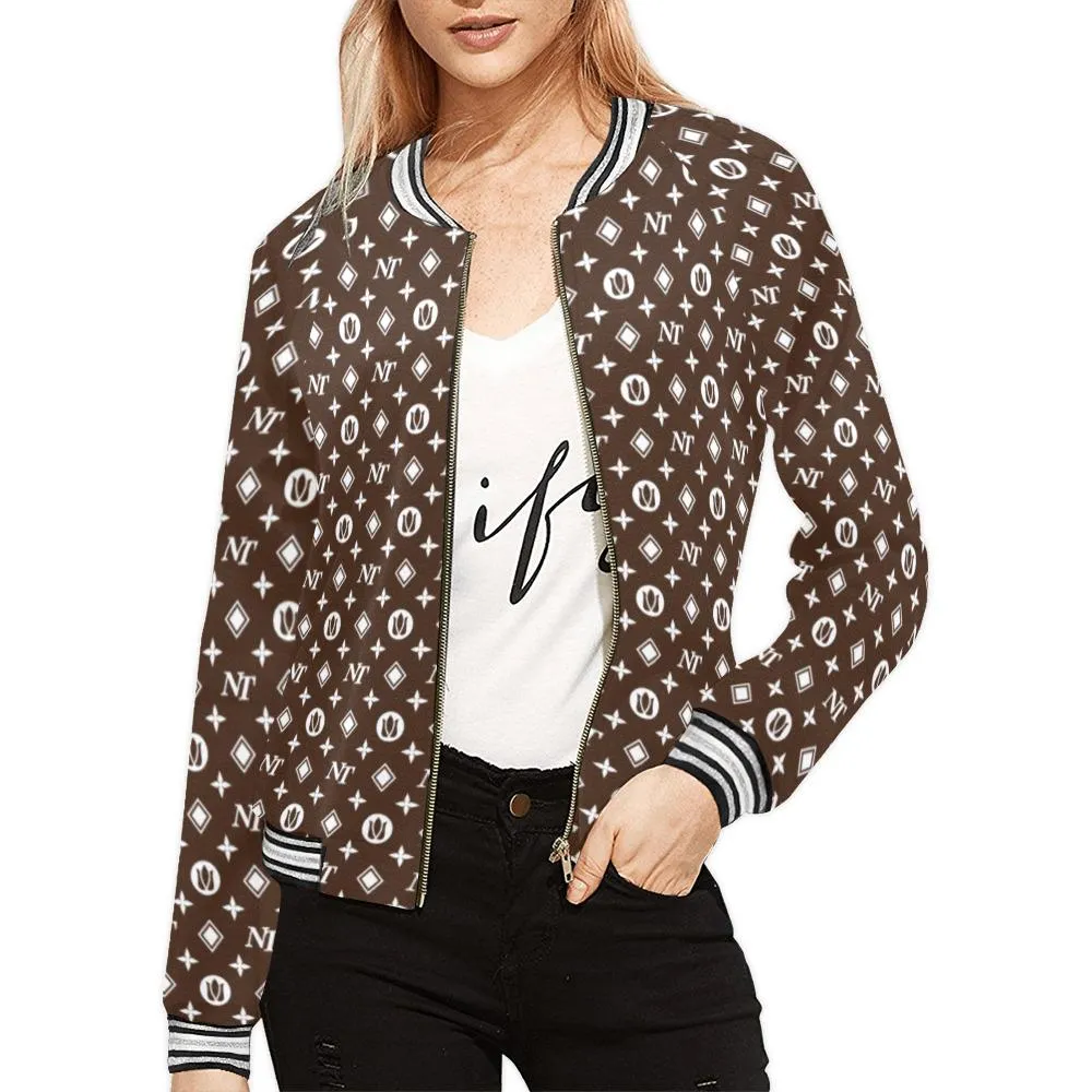 Fancy NT Pattern White on Brown Bomber Jacket for Women