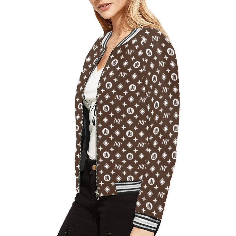 Fancy NT Pattern White on Brown Bomber Jacket for Women