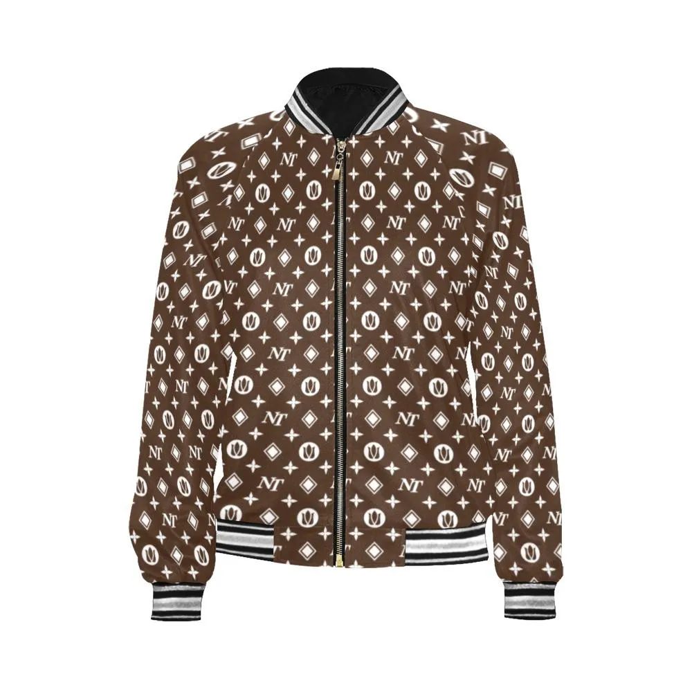 Fancy NT Pattern White on Brown Bomber Jacket for Women