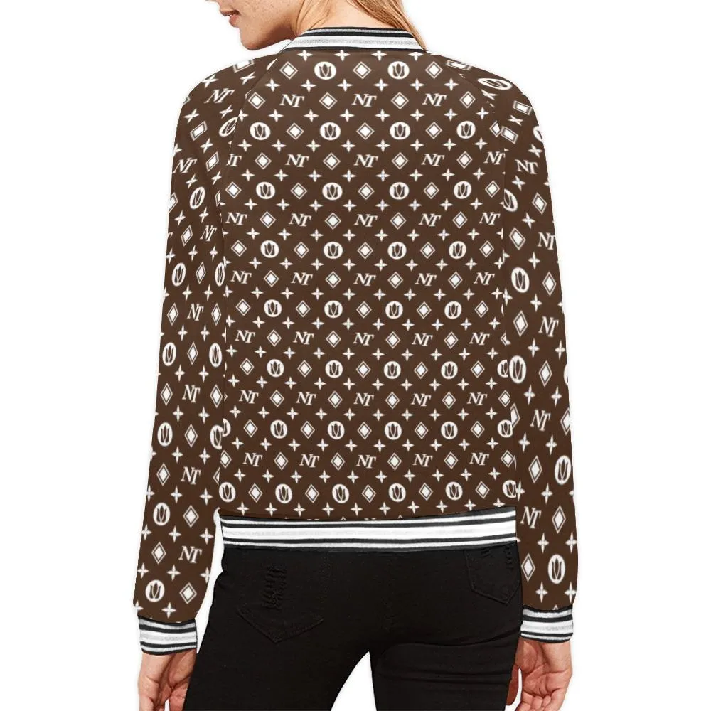 Fancy NT Pattern White on Brown Bomber Jacket for Women