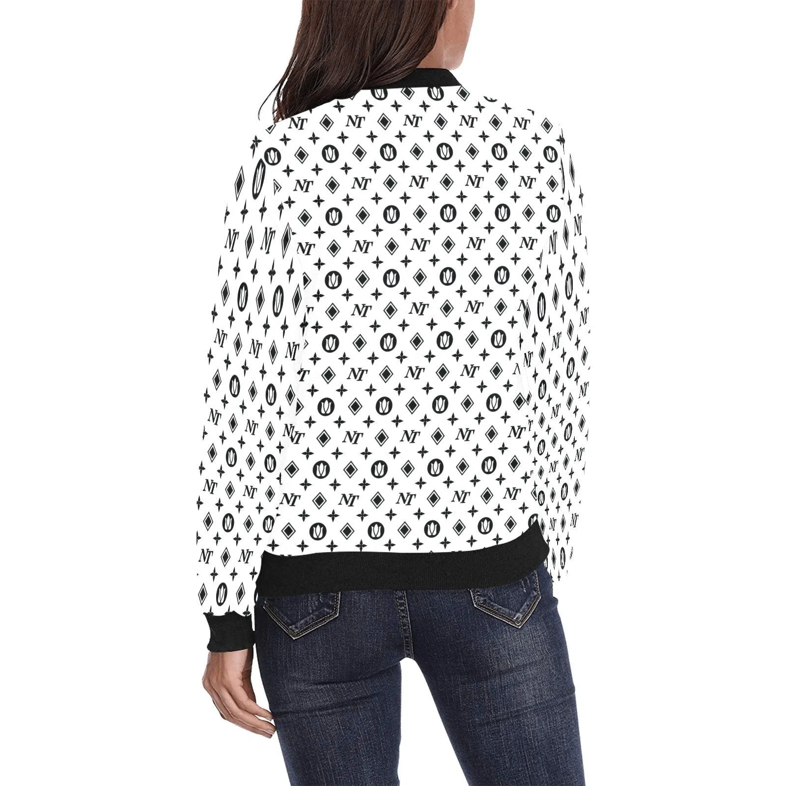 Fancy NT Pattern White on White Bomber Jacket for Women