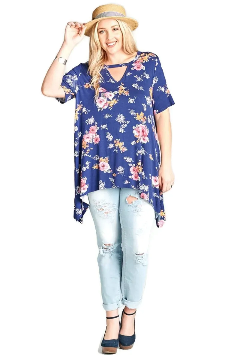 Floral Keyhole Sharkbite Tunic, Navy