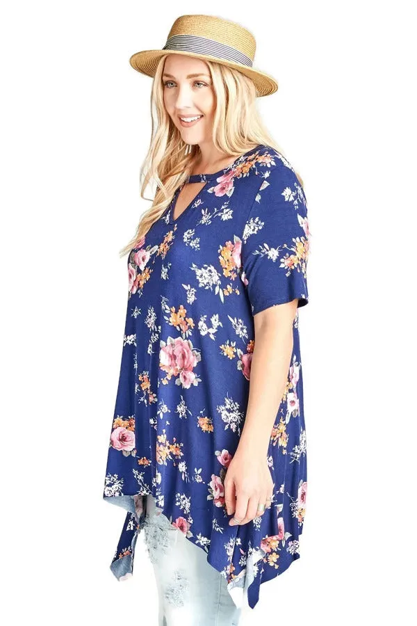 Floral Keyhole Sharkbite Tunic, Navy