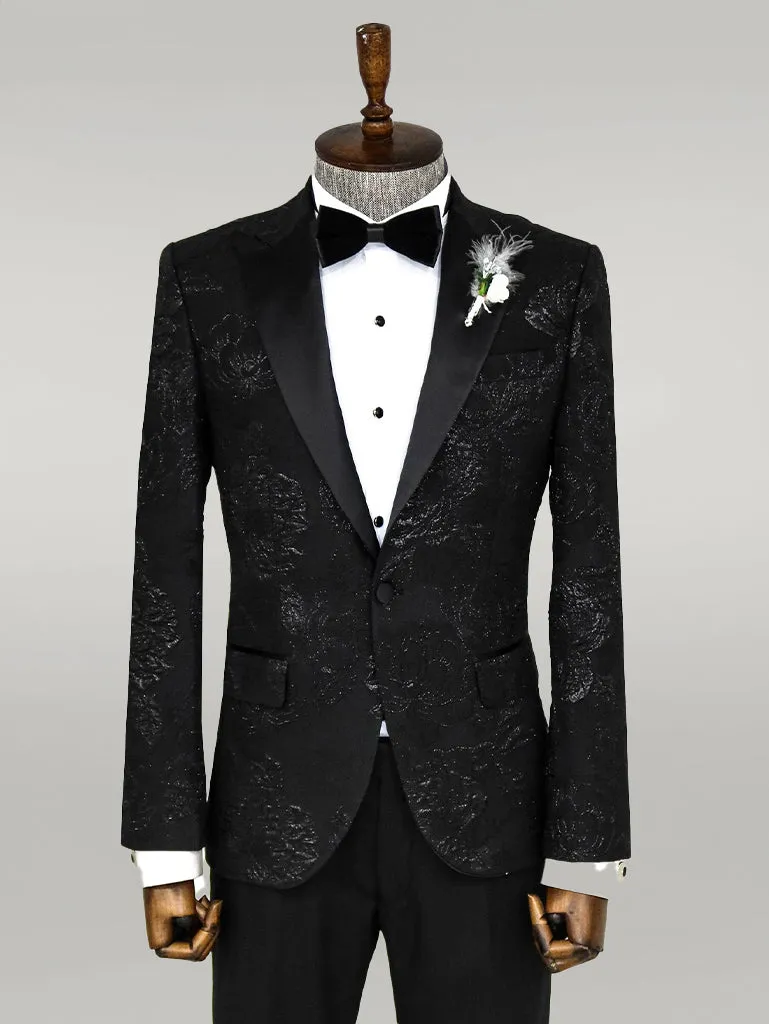 Floral Patterned Peak Lapel Black Tuxedo Blazer - Wessi