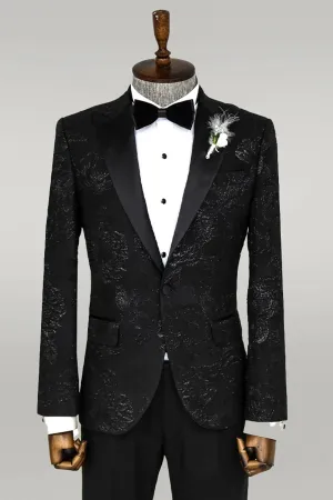 Floral Patterned Peak Lapel Black Tuxedo Blazer - Wessi