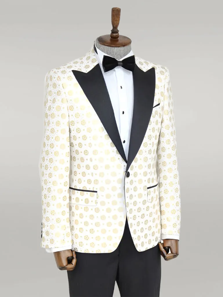 Floral Patterned Peak Lapel White Men Wedding Tuxedo Blazer - Wessi