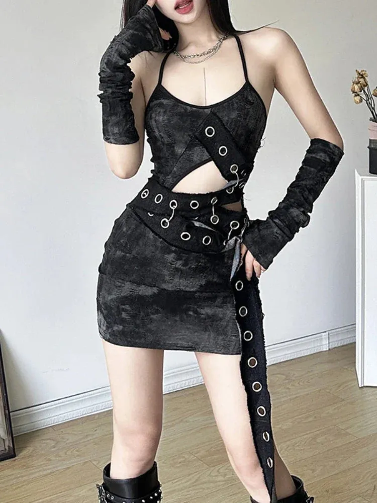 Flytonn-Halloween Outfits Halloween Gifts Gothic Style 90s Grunge Y2k Vintage Tie Dye Sexy Mini Dresses Cyber Gothic Hollow Out Skinny Clubwear Punk Women Eyelet Strap Dress