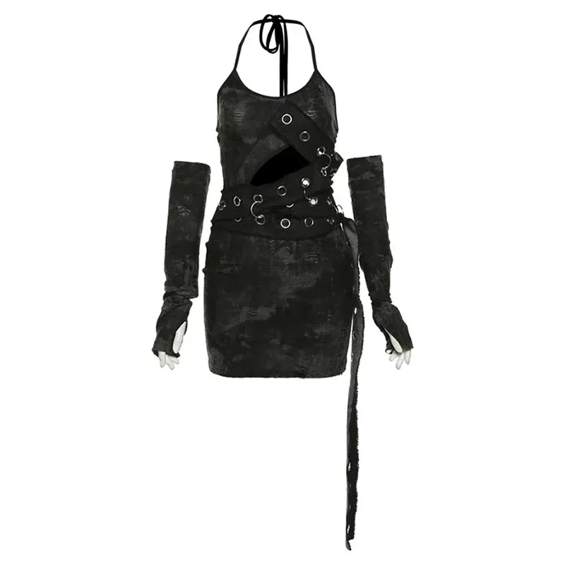 Flytonn-Halloween Outfits Halloween Gifts Gothic Style 90s Grunge Y2k Vintage Tie Dye Sexy Mini Dresses Cyber Gothic Hollow Out Skinny Clubwear Punk Women Eyelet Strap Dress