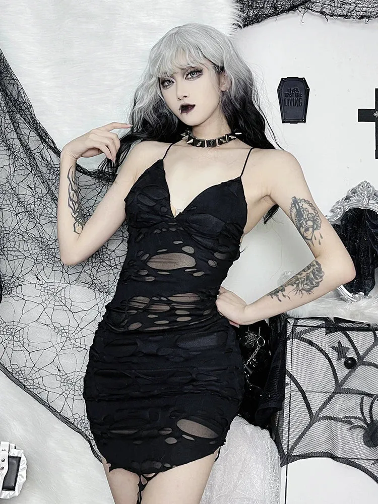 Flytonn Punk Sexy Bodycon Dress Women Mall Gothic Streetwear Tattered Strapless Mini Dress Harajuku Y2k Emo Alt Clubwear Female