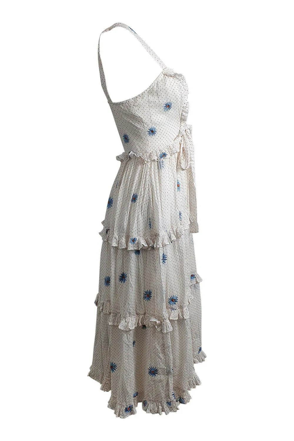 FREE PEOPLE White Polka Dot Floral Modern Boho Daisy Chain Midi Dress (XS)