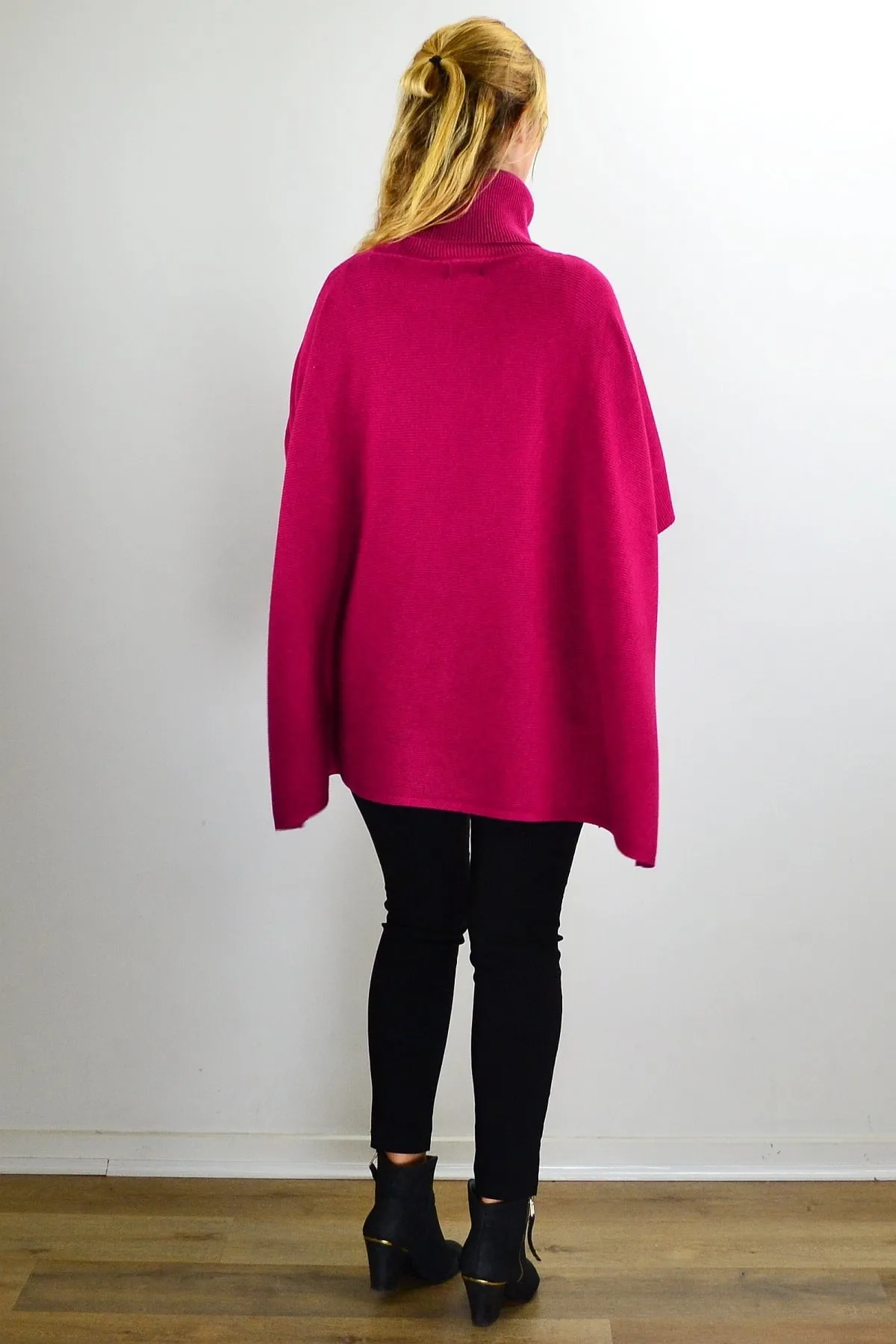 Fuchsia Turtle Neck Wool Blend Knit Poncho