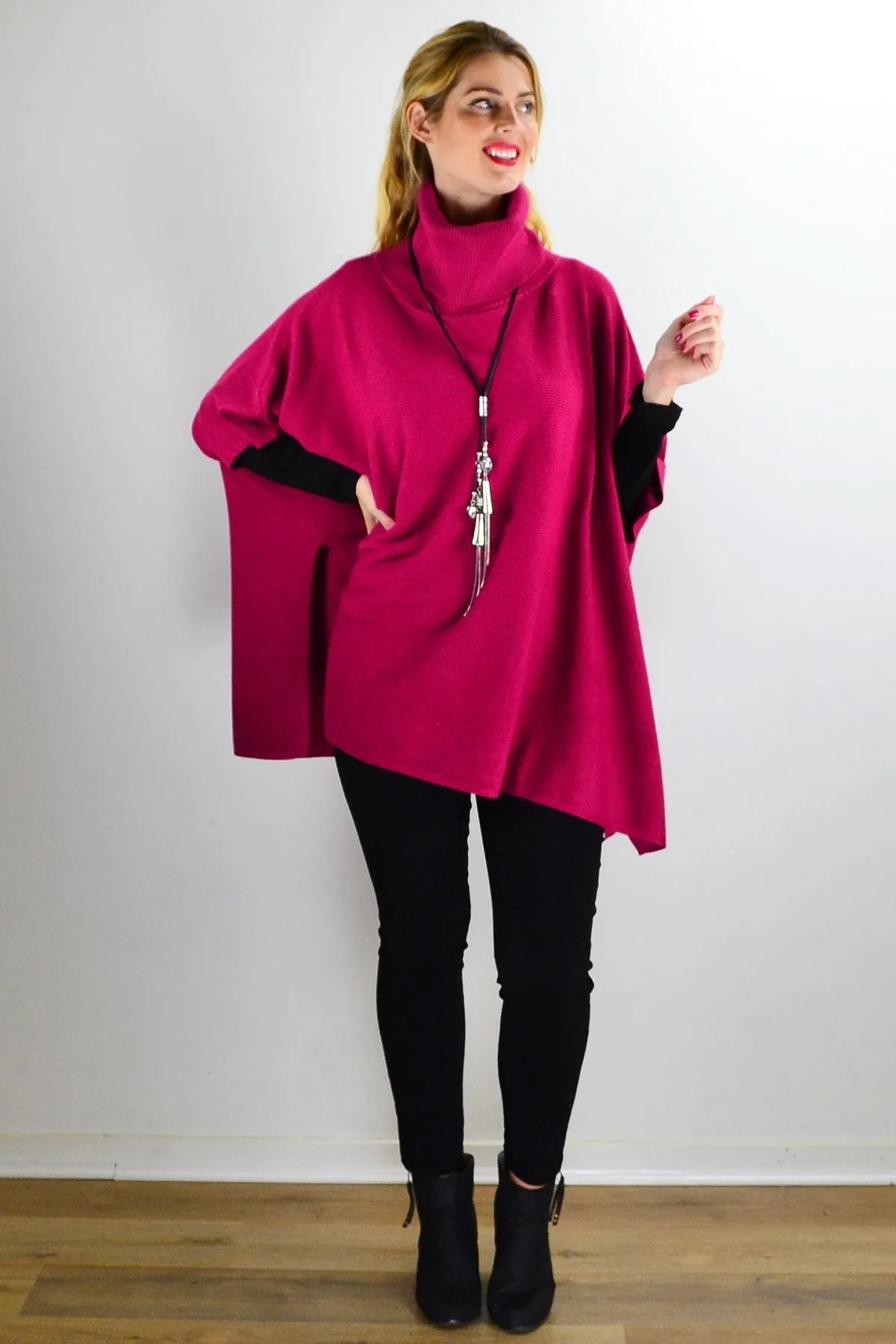 Fuchsia Turtle Neck Wool Blend Knit Poncho