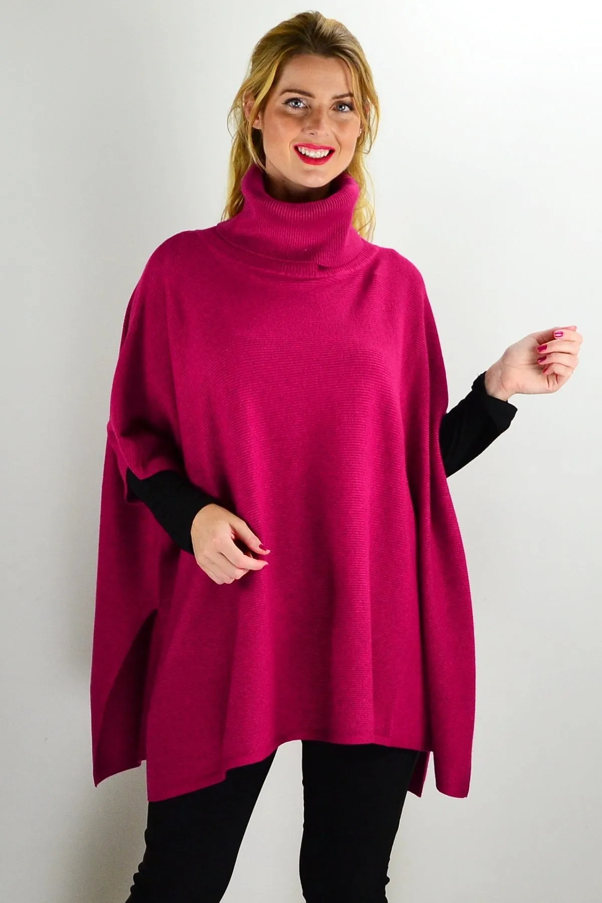 Fuchsia Turtle Neck Wool Blend Knit Poncho