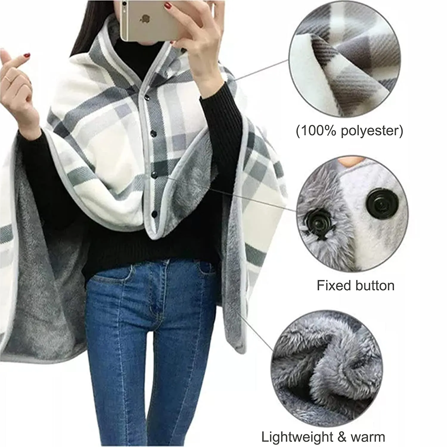 FURN ASPIRE Multi-Wear Soft Stylish Lightweight Double Layered Warm Wearable Flannel Shawl/Blanket Comfy Poncho with Buttons Winter Cape for Office Home Travel Outdoors (Style3)