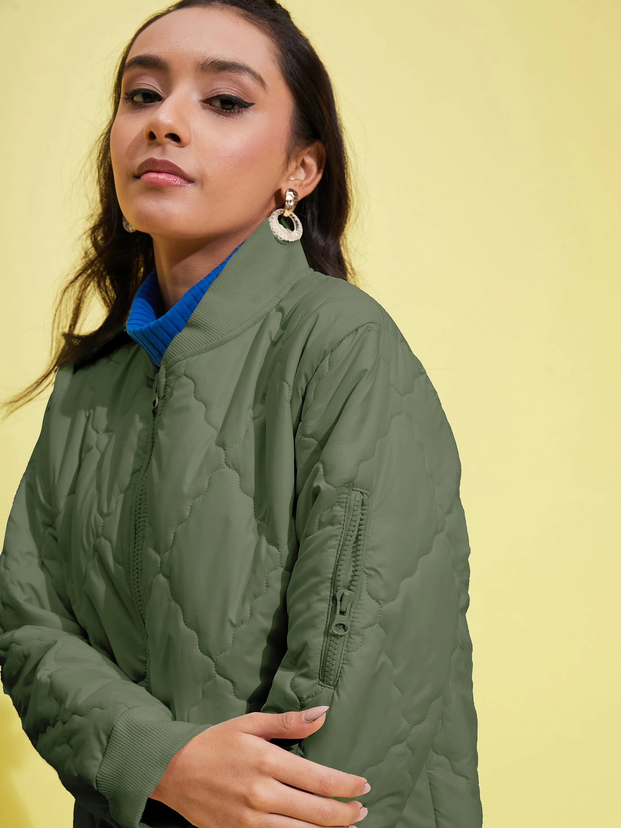 Girls Olive Quilted Bomber Jacket