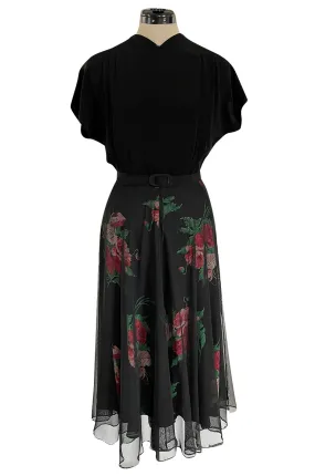 Gorgeous 1930s Best & Co. Black Silky Rayon Top w Netted Over Floral Printed Swing Skirt