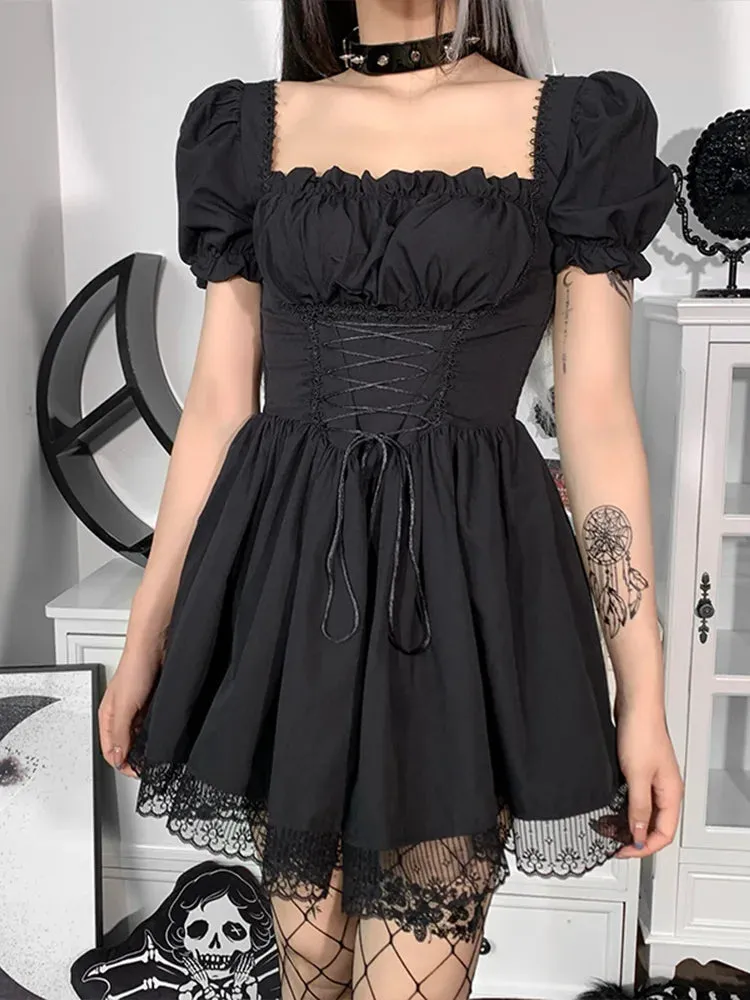 Gothic Aesthetic Waist Lolita Party Backless Sexy Mini Black Vintage Punk High Harajuku Y2K Women Outfit