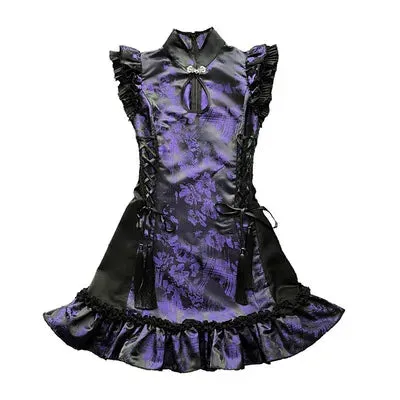 Gothic Party Cheongsam Tassels Punk Sleeveless Slim Retro Stand Chinese Sexy Collar Mini Strap Frock