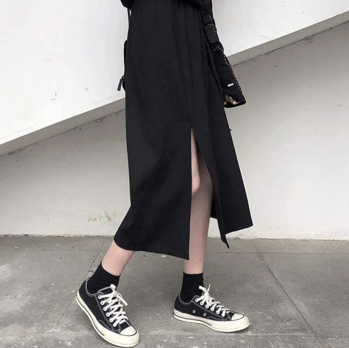 Grunge Black Side Slit Midi Skirt