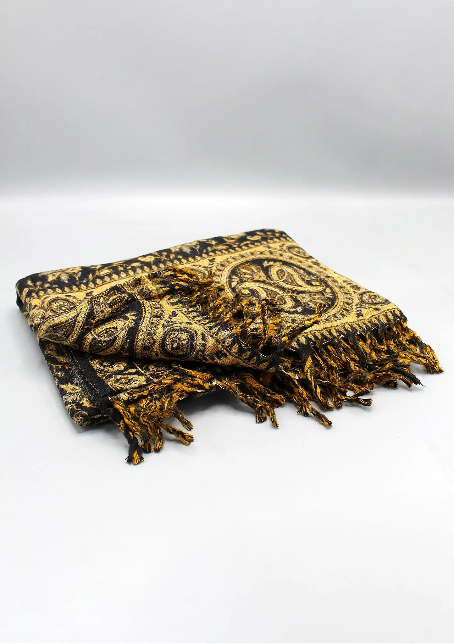 Hand Loomed Floral Black and Yellow Print Yak Wool Shawl