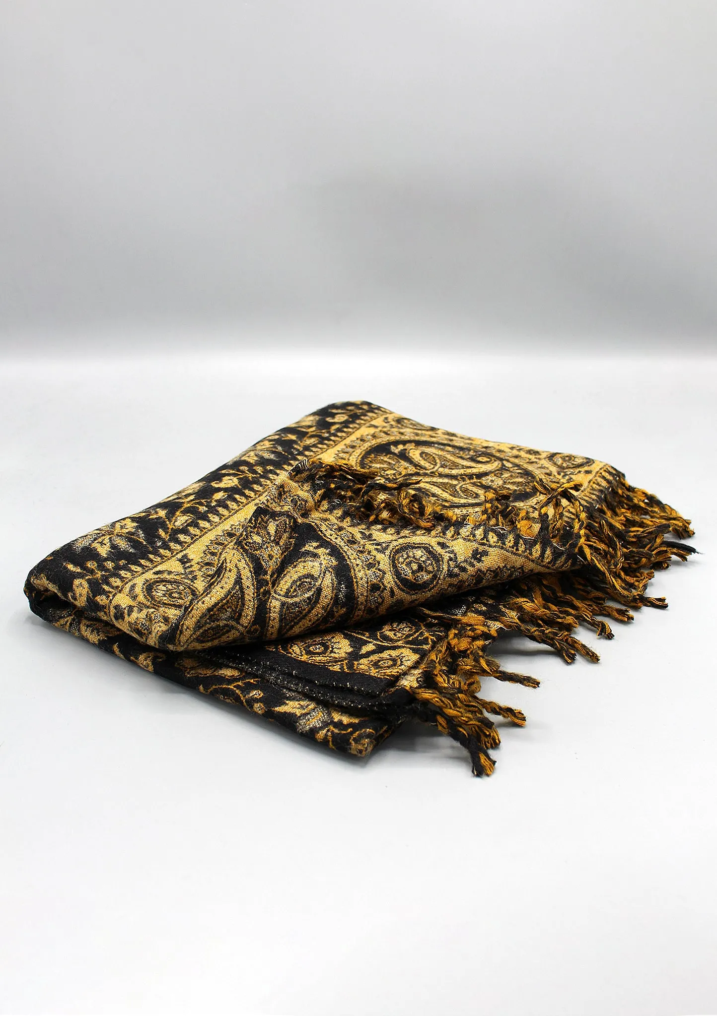 Hand Loomed Floral Black and Yellow Print Yak Wool Shawl