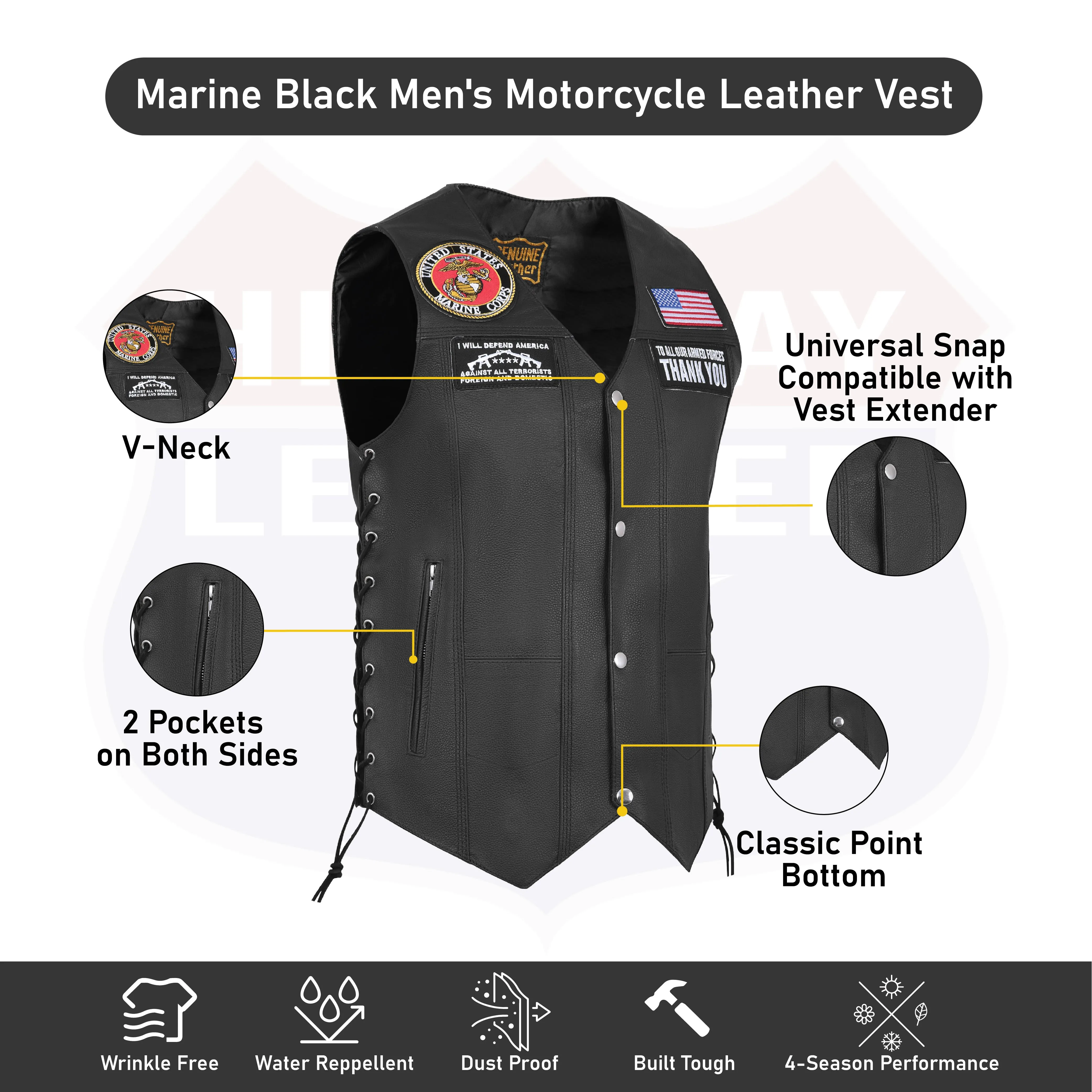 HL3540MARINE Black Men's Genuine Leather 10 Pockets Motorcycle Biker Vest ANARCHY Black SOA