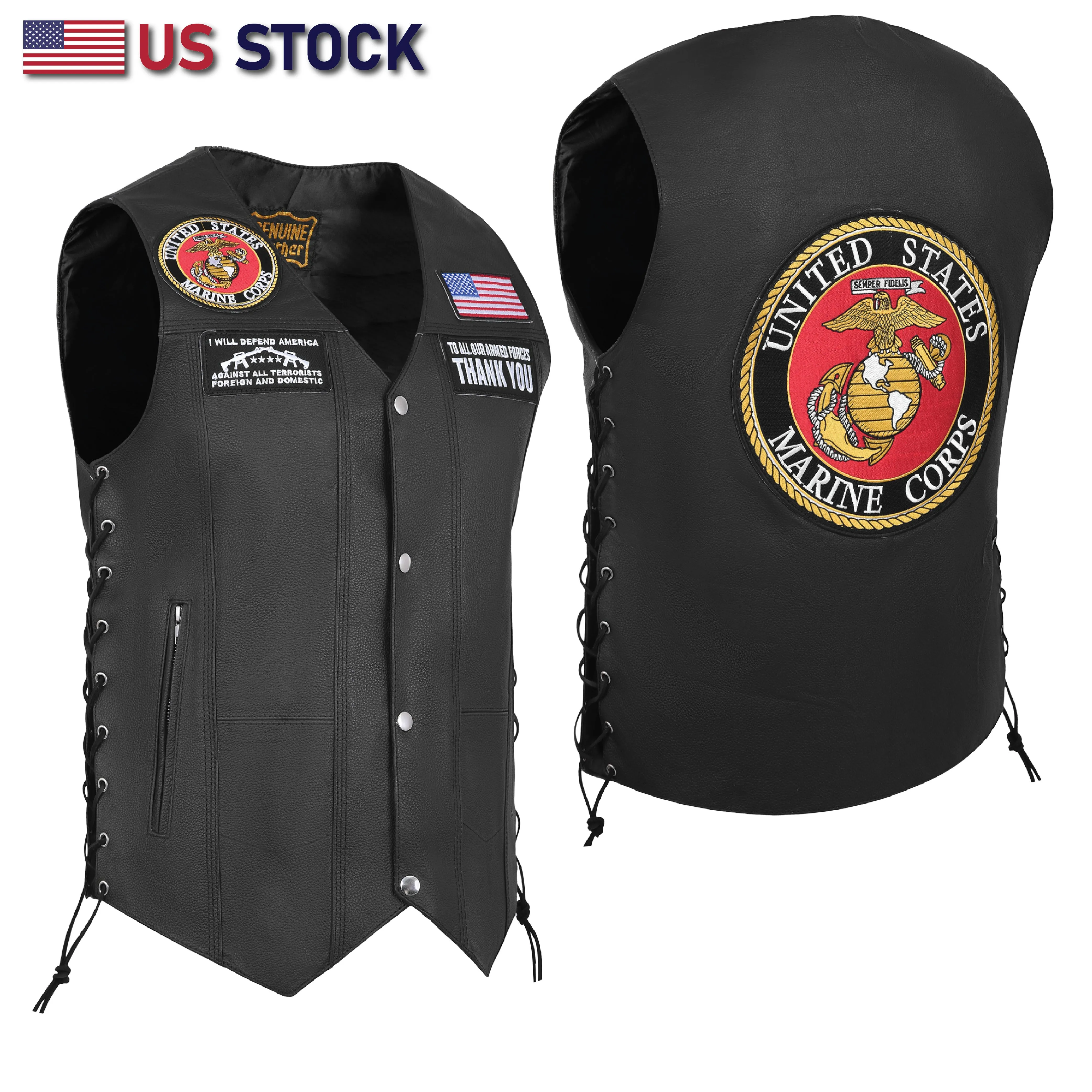 HL3540MARINE Black Men's Genuine Leather 10 Pockets Motorcycle Biker Vest ANARCHY Black SOA