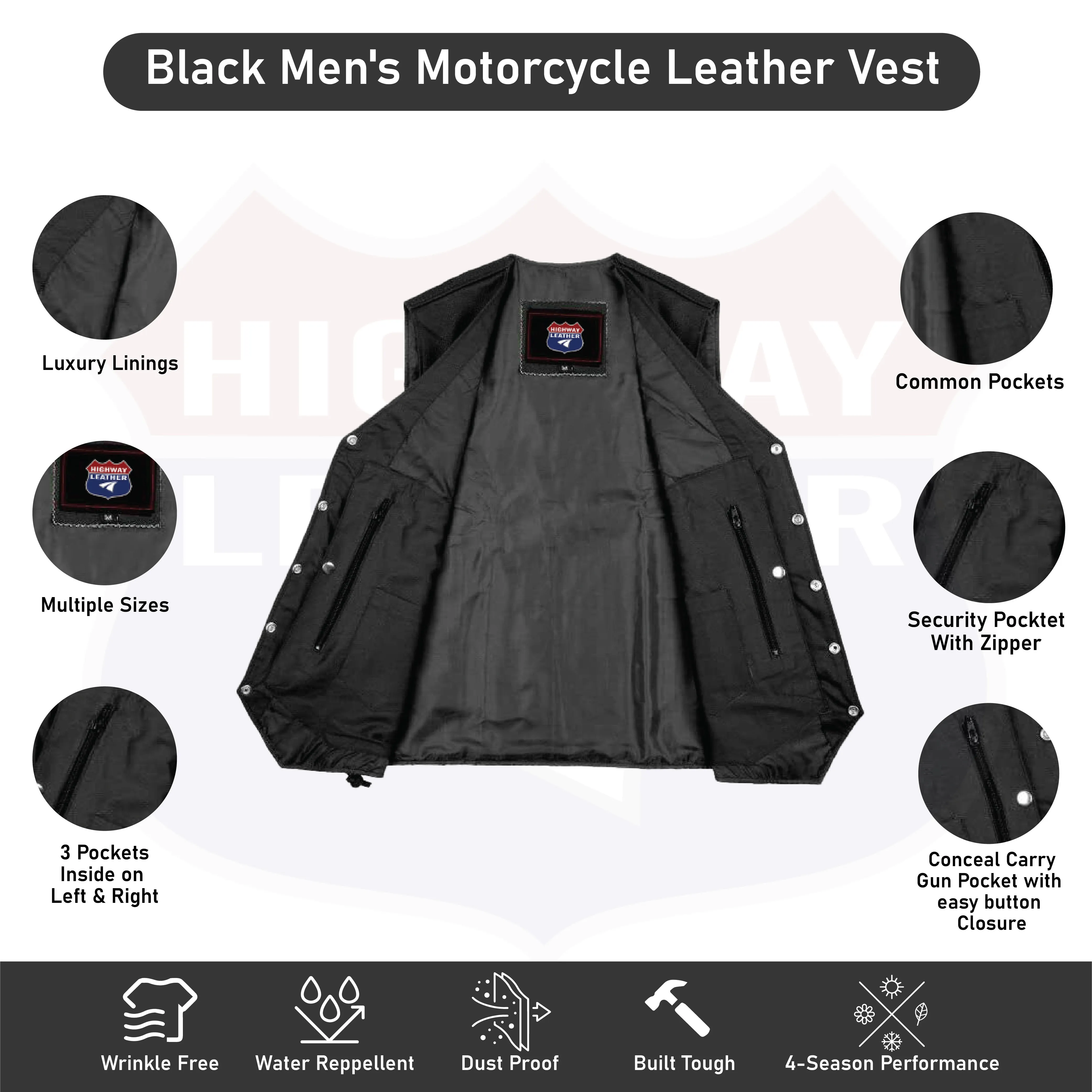 HL3540MARINE Black Men's Genuine Leather 10 Pockets Motorcycle Biker Vest ANARCHY Black SOA