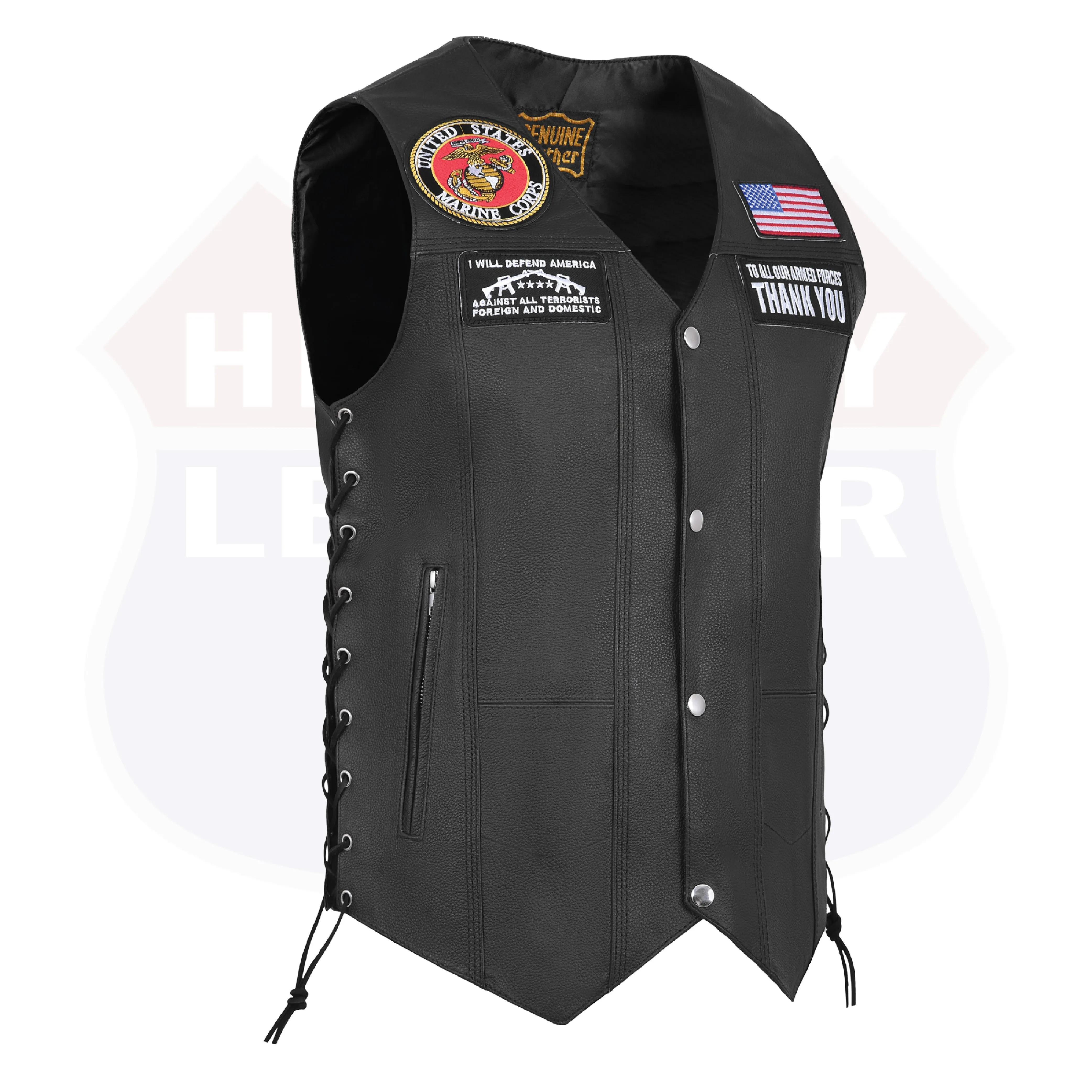 HL3540MARINE Black Men's Genuine Leather 10 Pockets Motorcycle Biker Vest ANARCHY Black SOA