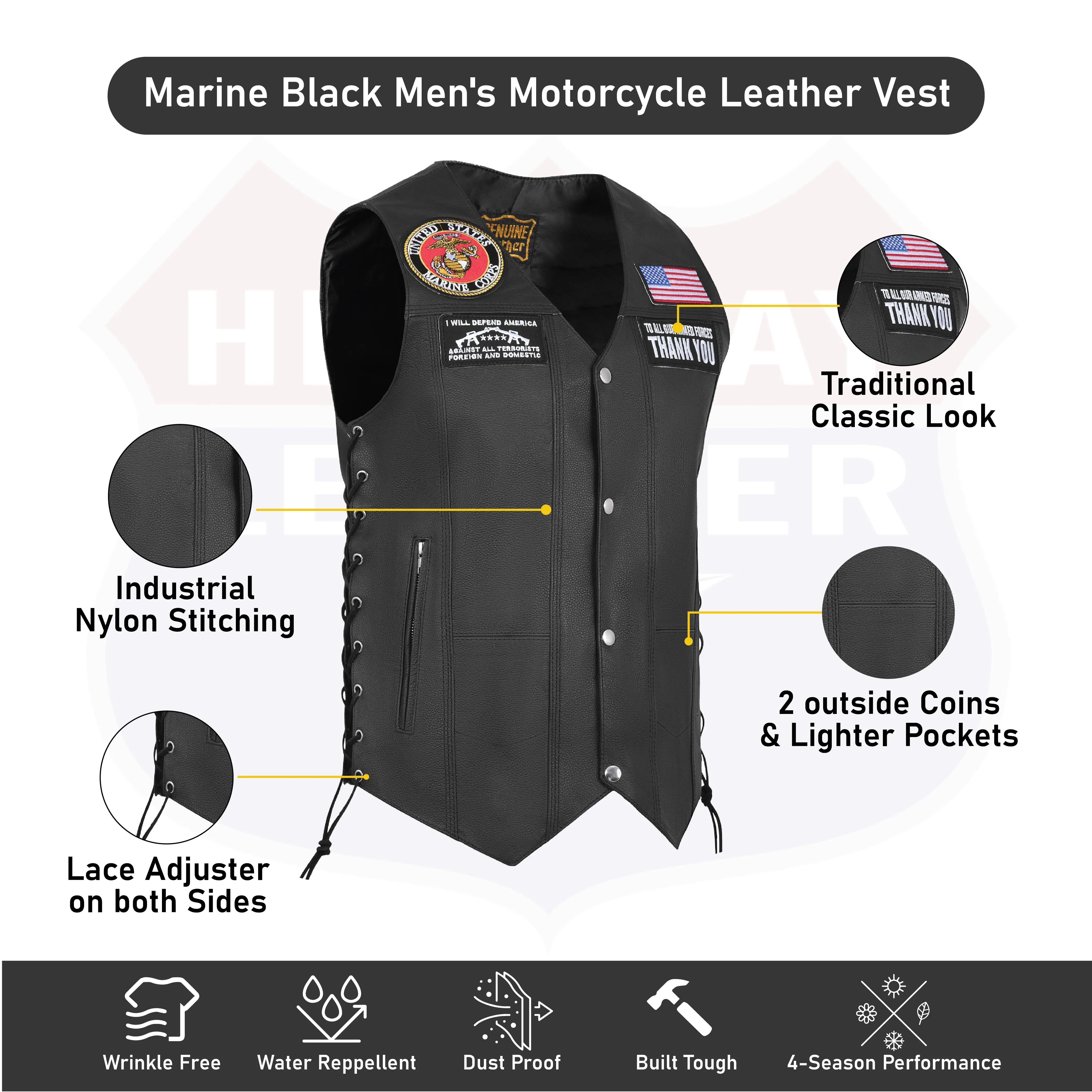 HL3540MARINE Black Men's Genuine Leather 10 Pockets Motorcycle Biker Vest ANARCHY Black SOA