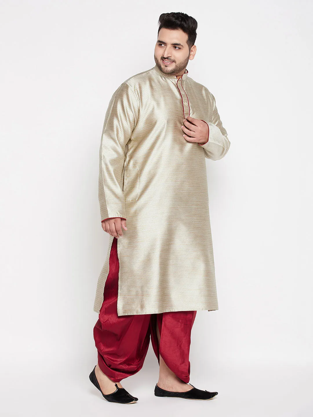 Jashvi Men's Plus Size Beige Woven Kurta And Maroon Dhoti Set