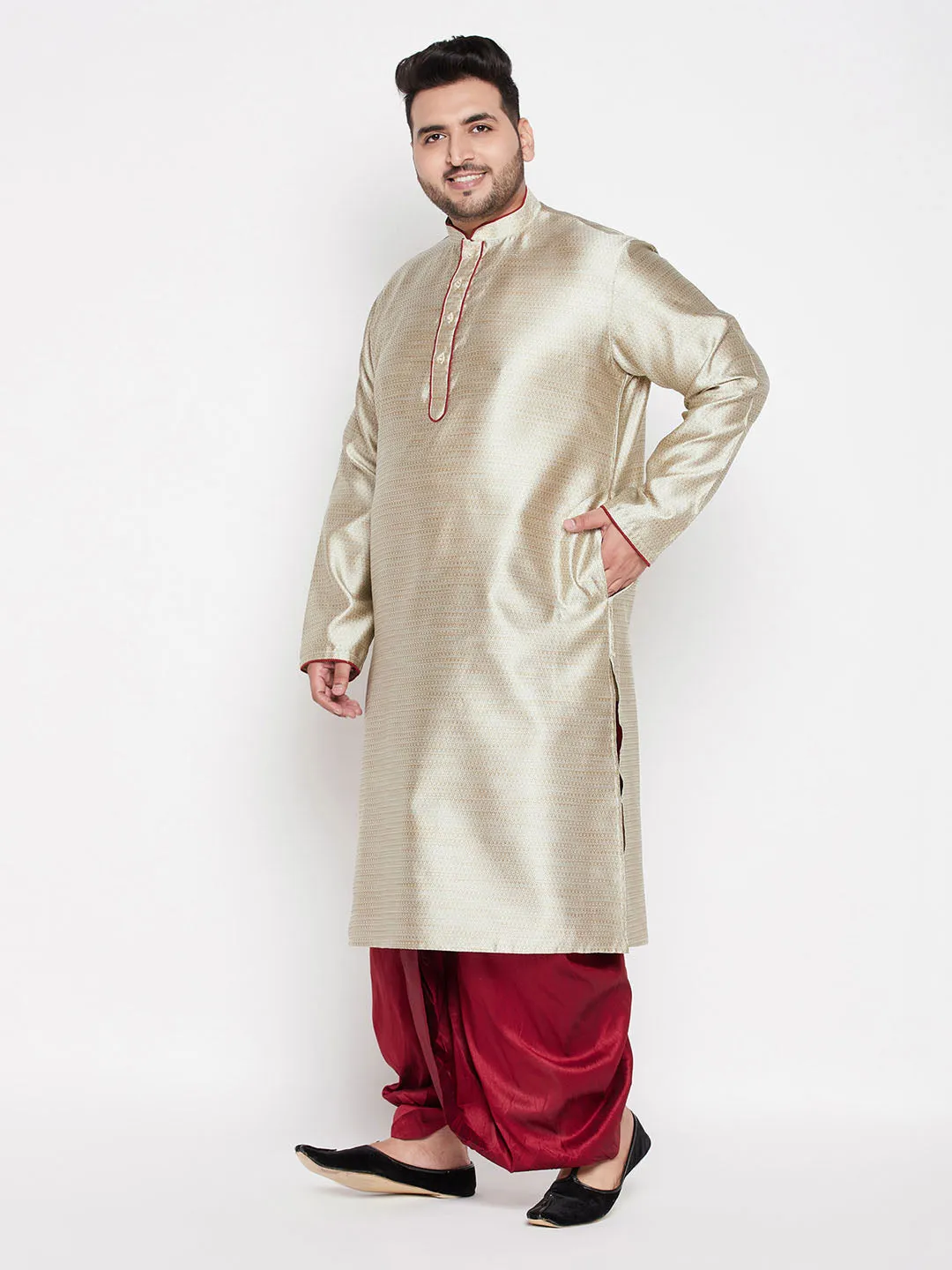 Jashvi Men's Plus Size Beige Woven Kurta And Maroon Dhoti Set