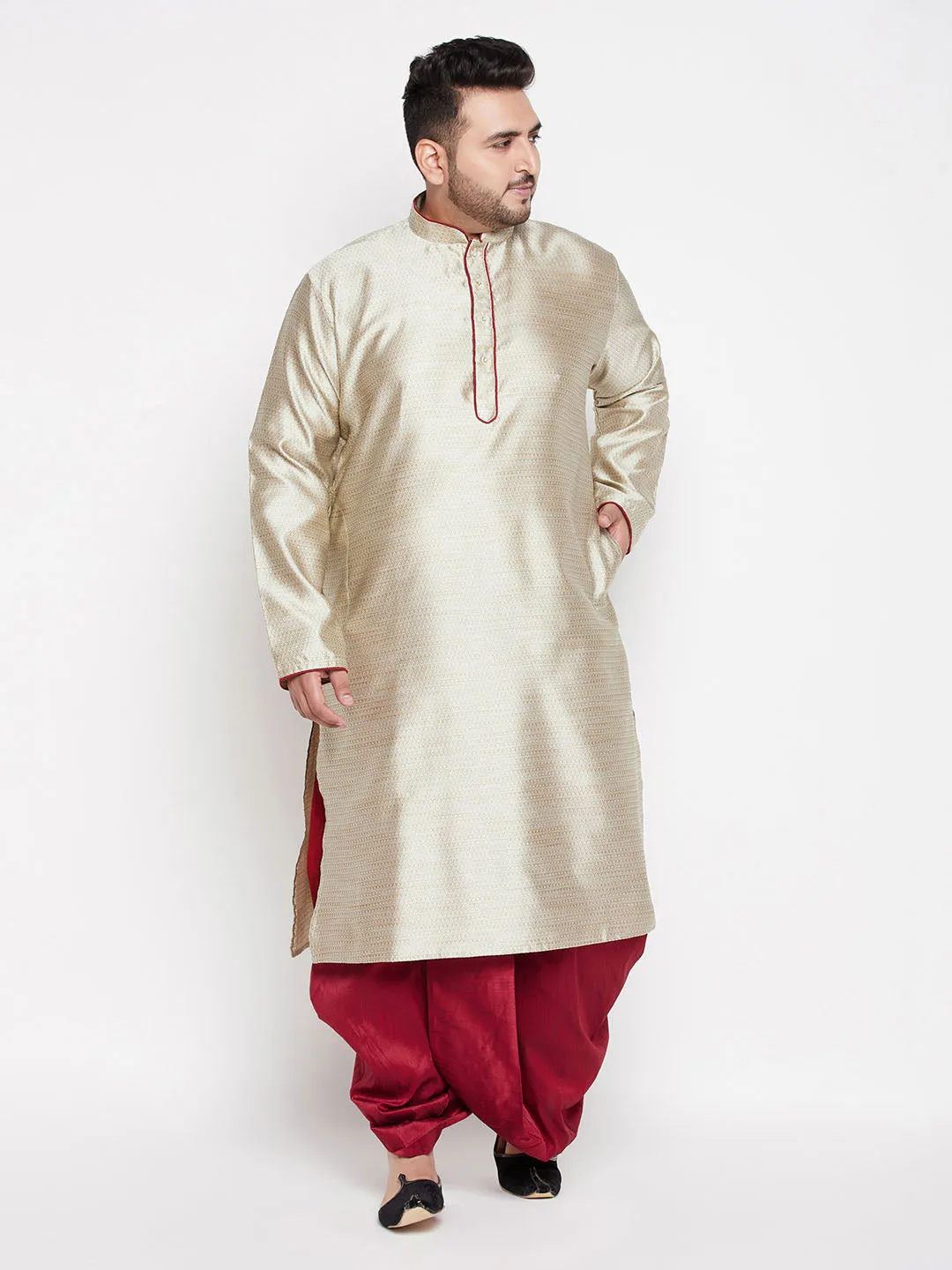 Jashvi Men's Plus Size Beige Woven Kurta And Maroon Dhoti Set