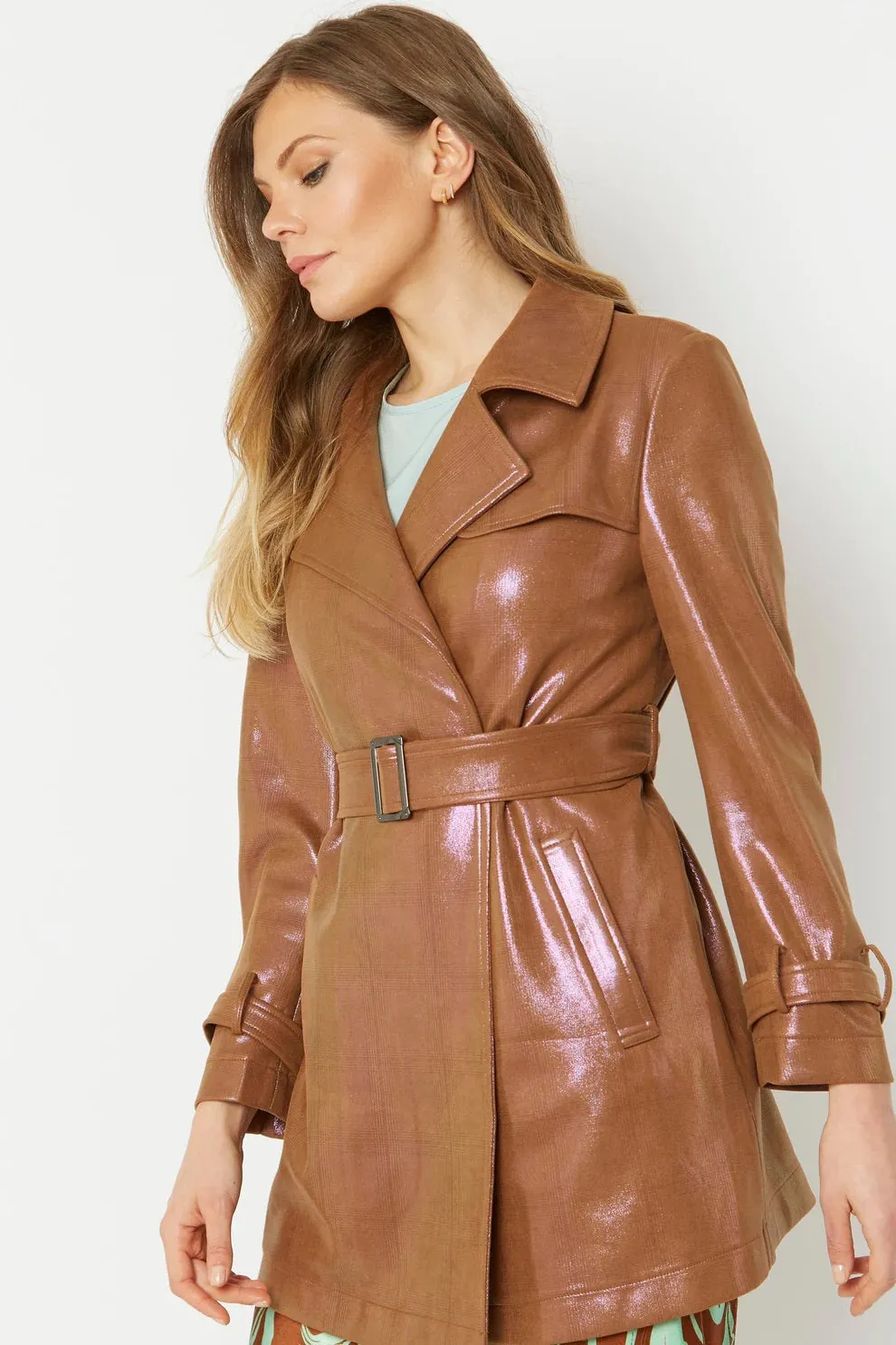 Ladies Mocha Metallic Faux Suede Trench Coat