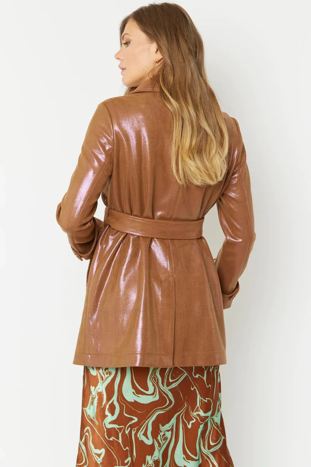 Ladies Mocha Metallic Faux Suede Trench Coat