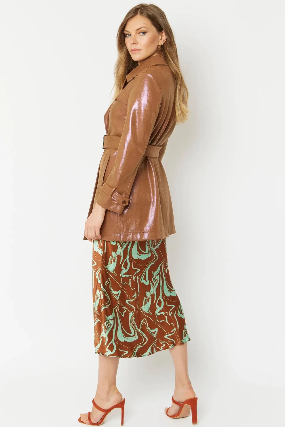 Ladies Mocha Metallic Faux Suede Trench Coat