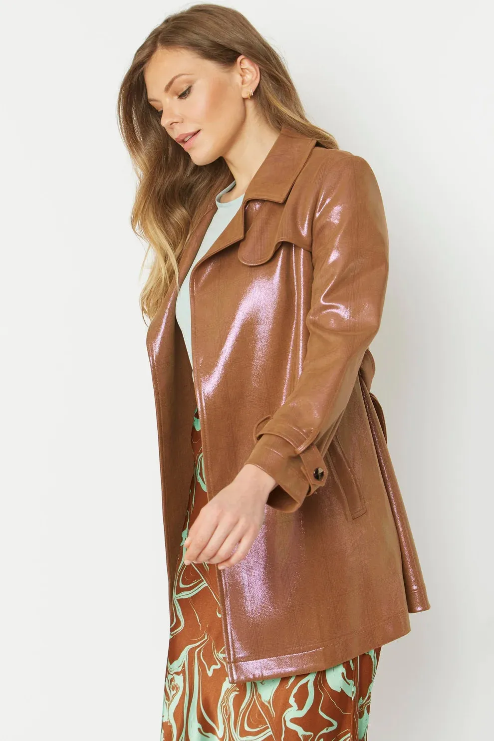 Ladies Mocha Metallic Faux Suede Trench Coat